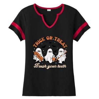 Trick Or Treat Brush Your Teeth Scary Groovy Halloween Gift Ladies Halftime Notch Neck Tee