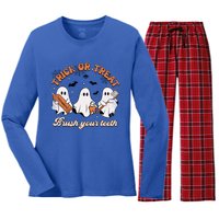 Trick Or Treat Brush Your Teeth Scary Groovy Halloween Gift Women's Long Sleeve Flannel Pajama Set 