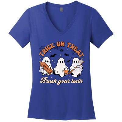 Trick Or Treat Brush Your Teeth Scary Groovy Halloween Gift Women's V-Neck T-Shirt