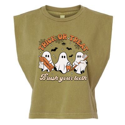 Trick Or Treat Brush Your Teeth Scary Groovy Halloween Gift Garment-Dyed Women's Muscle Tee