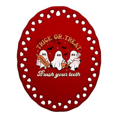 Trick Or Treat Brush Your Teeth Scary Groovy Halloween Gift Ceramic Oval Ornament