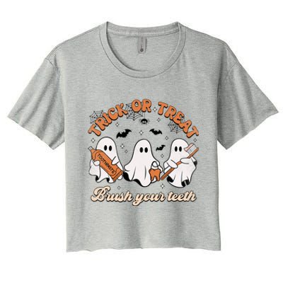 Trick Or Treat Brush Your Teeth Scary Groovy Halloween Gift Women's Crop Top Tee