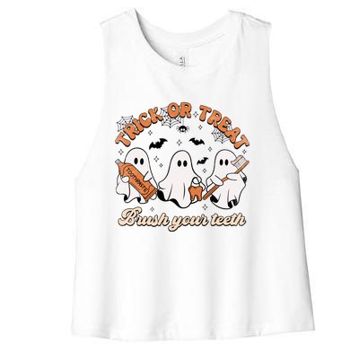 Trick Or Treat Brush Your Teeth Scary Groovy Halloween Gift Women's Racerback Cropped Tank