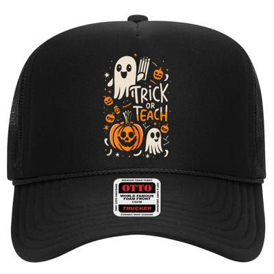 Trick Or Teach Halloween Teacher High Crown Mesh Back Trucker Hat