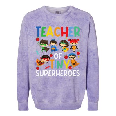 Teacher Of Tiny Superheroes Funny Teach 100th Day Of School Colorblast Crewneck Sweatshirt