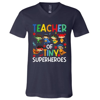 Teacher Of Tiny Superheroes Funny Teach 100th Day Of School V-Neck T-Shirt