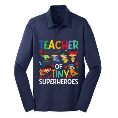 Teacher Of Tiny Superheroes Funny Teach 100th Day Of School Silk Touch Performance Long Sleeve Polo