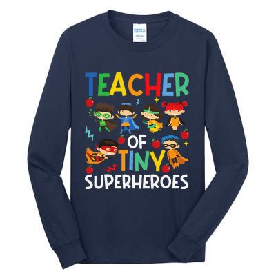 Teacher Of Tiny Superheroes Funny Teach 100th Day Of School Tall Long Sleeve T-Shirt