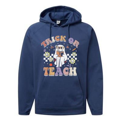 Trick or Teach Floral Groovy Halloween Teacher Retro Ghost Performance Fleece Hoodie