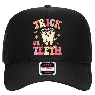 Trick Or Teeth Ghost Groovy Dental Halloween Treat Dentist High Crown Mesh Back Trucker Hat