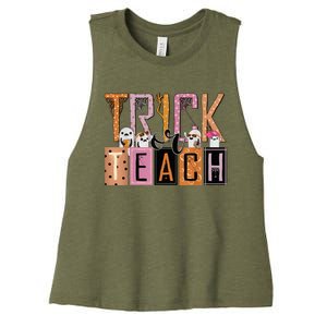 Trick or Teach Floral Groovy Halloween Teacher Retro Ghost Women's Racerback Cropped Tank