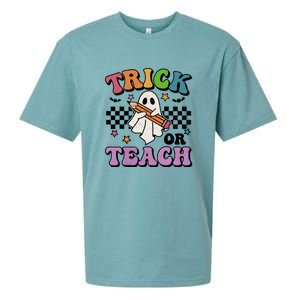 Trick Or Teach Retro Floral Ghost Teacher Groovy Halloween Gift Sueded Cloud Jersey T-Shirt