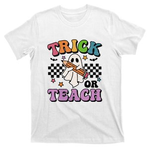 Trick Or Teach Retro Floral Ghost Teacher Groovy Halloween Gift T-Shirt