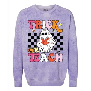 Trick Or Teach Groovy Halloween Retro Floral Ghost Teacher Colorblast Crewneck Sweatshirt