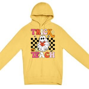 Trick Or Teach Groovy Halloween Retro Floral Ghost Teacher Premium Pullover Hoodie