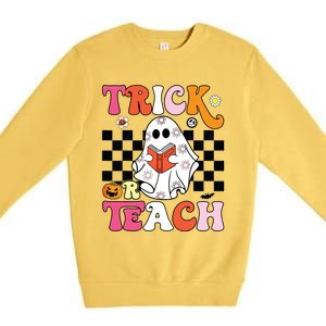 Trick Or Teach Groovy Halloween Retro Floral Ghost Teacher Premium Crewneck Sweatshirt