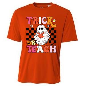 Trick Or Teach Groovy Halloween Retro Floral Ghost Teacher Cooling Performance Crew T-Shirt