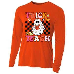 Trick Or Teach Groovy Halloween Retro Floral Ghost Teacher Cooling Performance Long Sleeve Crew