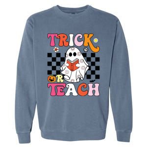 Trick Or Teach Groovy Halloween Retro Floral Ghost Teacher Garment-Dyed Sweatshirt