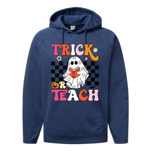 Trick Or Teach Groovy Halloween Retro Floral Ghost Teacher Performance Fleece Hoodie