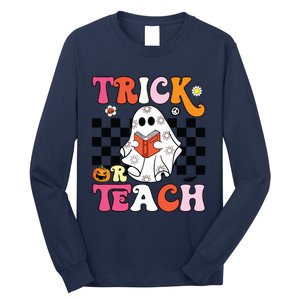 Trick Or Teach Groovy Halloween Retro Floral Ghost Teacher Long Sleeve Shirt