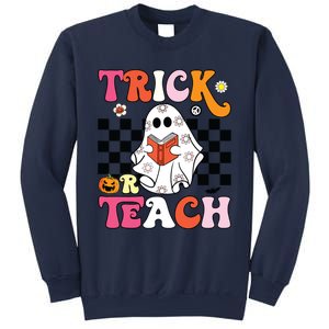 Trick Or Teach Groovy Halloween Retro Floral Ghost Teacher Sweatshirt