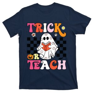 Trick Or Teach Groovy Halloween Retro Floral Ghost Teacher T-Shirt