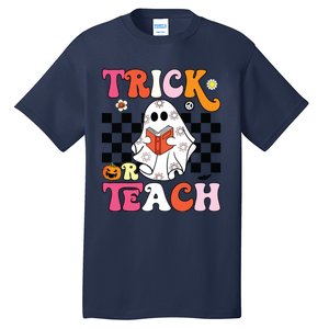 Trick Or Teach Groovy Halloween Retro Floral Ghost Teacher Tall T-Shirt