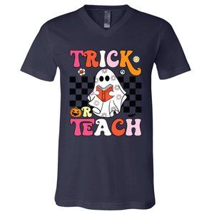 Trick Or Teach Groovy Halloween Retro Floral Ghost Teacher V-Neck T-Shirt