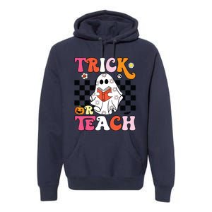 Trick Or Teach Groovy Halloween Retro Floral Ghost Teacher Premium Hoodie