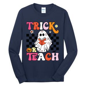 Trick Or Teach Groovy Halloween Retro Floral Ghost Teacher Tall Long Sleeve T-Shirt