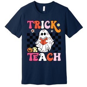 Trick Or Teach Groovy Halloween Retro Floral Ghost Teacher Premium T-Shirt