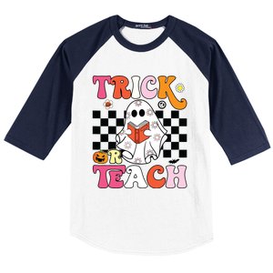 Trick Or Teach Groovy Halloween Retro Floral Ghost Teacher Baseball Sleeve Shirt