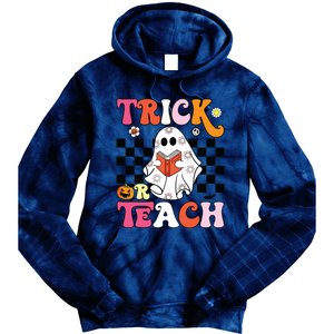 Trick Or Teach Groovy Halloween Retro Floral Ghost Teacher Tie Dye Hoodie