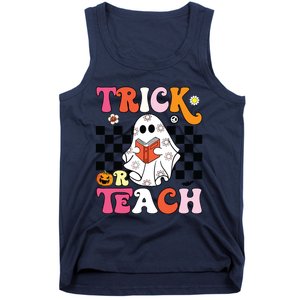 Trick Or Teach Groovy Halloween Retro Floral Ghost Teacher Tank Top