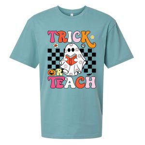 Trick Or Teach Groovy Halloween Retro Floral Ghost Teacher Sueded Cloud Jersey T-Shirt