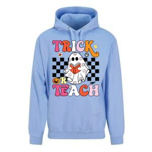 Trick Or Teach Groovy Halloween Retro Floral Ghost Teacher Unisex Surf Hoodie