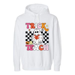 Trick Or Teach Groovy Halloween Retro Floral Ghost Teacher Garment-Dyed Fleece Hoodie