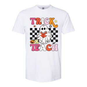 Trick Or Teach Groovy Halloween Retro Floral Ghost Teacher Softstyle CVC T-Shirt