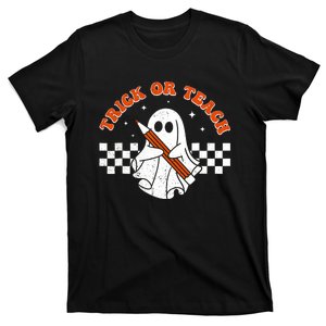 Trick Or Teach Groovy Teacher Halloween Retro Floral Ghost T-Shirt