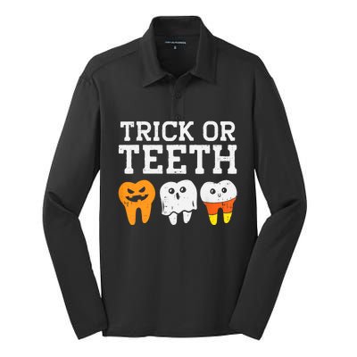 Trick Or Teeth Funny Dental Halloween Treat Dentist Gift Silk Touch Performance Long Sleeve Polo