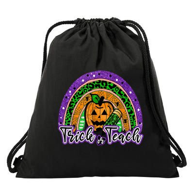 Trick Or Teach Funny Teacher Halloween Rainbow Pumpkin Drawstring Bag