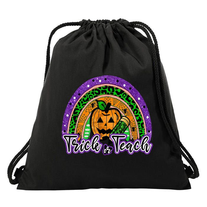 Trick Or Teach Funny Teacher Halloween Rainbow Pumpkin Drawstring Bag