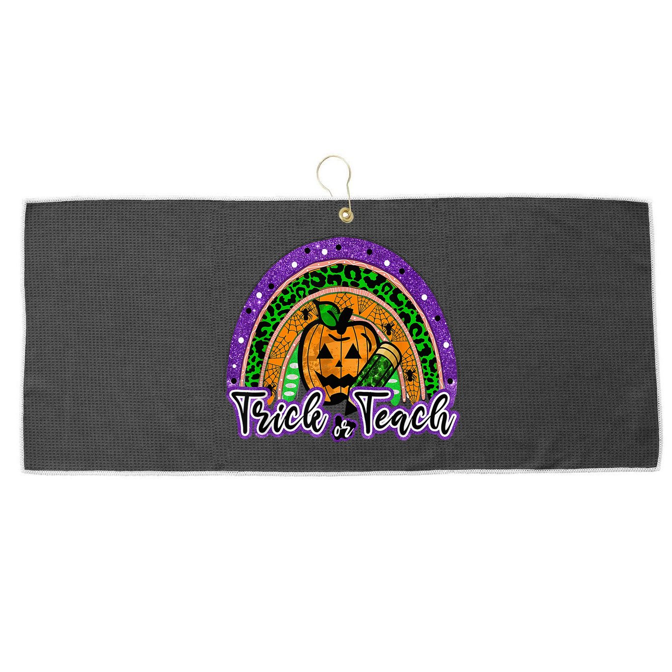 Trick Or Teach Funny Teacher Halloween Rainbow Pumpkin Large Microfiber Waffle Golf Towel