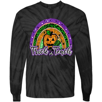 Trick Or Teach Funny Teacher Halloween Rainbow Pumpkin Tie-Dye Long Sleeve Shirt