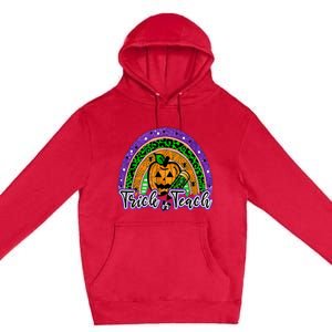 Trick Or Teach Funny Teacher Halloween Rainbow Pumpkin Premium Pullover Hoodie