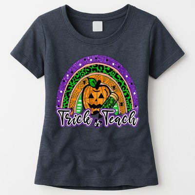 Trick Or Teach Funny Teacher Halloween Rainbow Pumpkin Womens T-Shirt