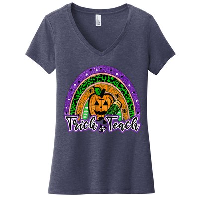 Trick Or Teach Funny Teacher Halloween Rainbow Pumpkin Women's V-Neck T-Shirt