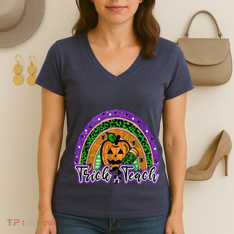 Trick Or Teach Funny Teacher Halloween Rainbow Pumpkin Women's V-Neck T-Shirt