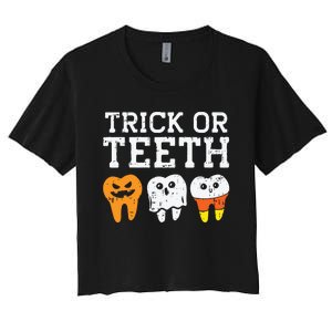 Trick Or Teeth Funny Dental Halloween Treat Dentist Gift Women's Crop Top Tee